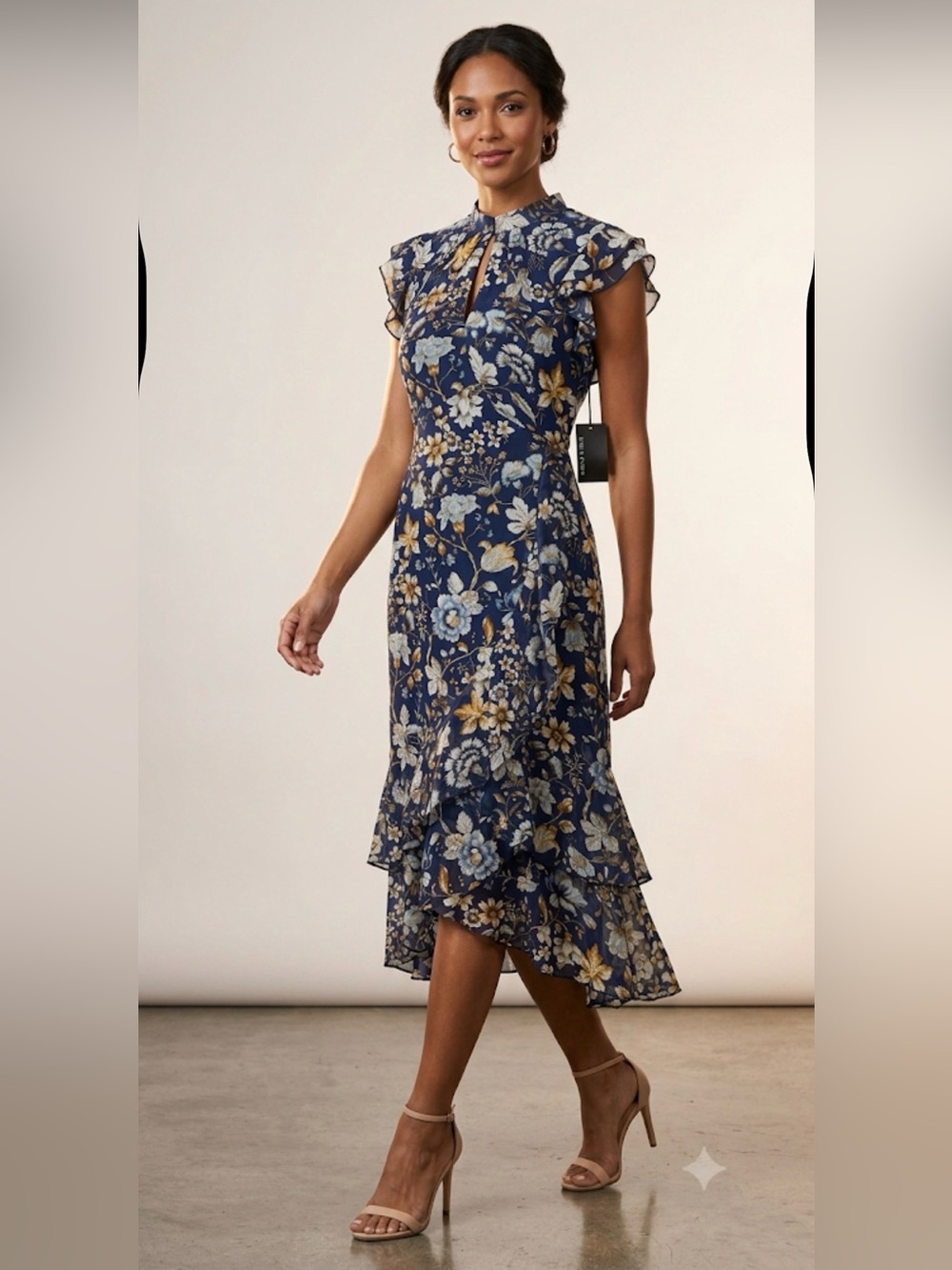 Floral Ruffle High-Low Midi Dress in Navy - Picture 1 of 3